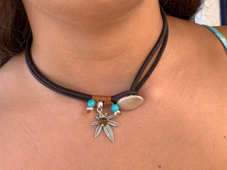 choker for women bohemian choker leaf choker Leather necklace wrap choker, marijuana leaf boho leather choker leather choker