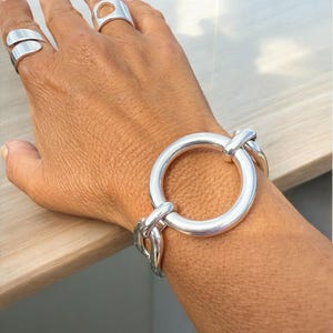 Dikke zilveren armband, schakelarmband, dikke schakelarmband, gedurfde armband, stevige schakelarmband, zwaargewicht armband, uno de 50-stijl