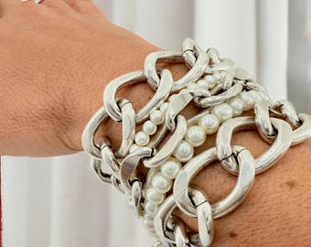 Pulsera de cadena de plata gruesa multiestándar y perlas, pulsera vintage de eslabones grandes, pulsera muy pesada, pulsera gruesa, pulsera de perlas