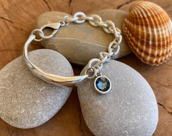 Half-cuff silver bracelet with swarovski crystal charm – chunky chain – handmade custom fit – kukuri exclusive - statement jewelry