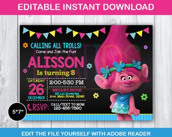 Poppy invitation, Editable Poppy Invite, Poppy Birthday Party, Trolls invitation, Poppy chalkboard invitation, pdf file, INSTANT DOWNLOAD