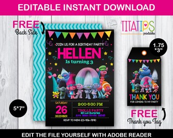 Instant Download Trolls Invitation, Editable invite, Trolls Birthday, Trolls Birthday Invitation, Trolls Party, Trolls Editable Invitation