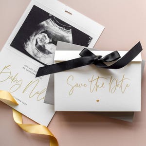 Biglietto di annuncio del sesso del nascituro personalizzato "Save the Date" per nonni, fratelli, zie e zii, con foto scansionata