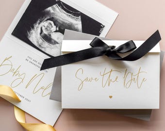 Personalised Save The Date Pregnancy Reveal Card For Grandparents, Siblings, Aunties and Uncles, Gender Announcement Card with Scan photo