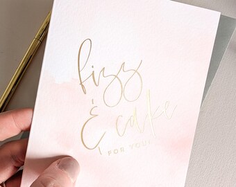 Fizz and Cake Pink Birthday Card for her, congratulations card printed in gold foil