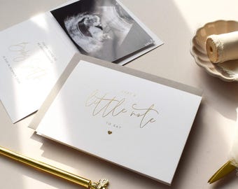 Personalised Pregnancy Reveal Card in gold foil, A little note scan photo card For Grandparents, Family and Friends