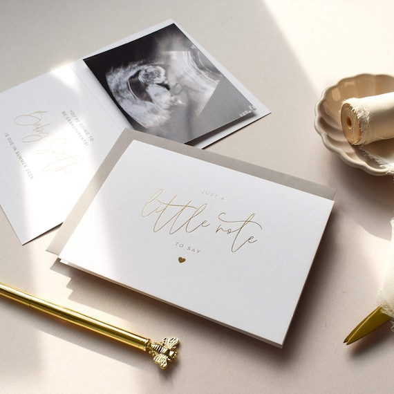 Personalised Pregnancy Reveal Card in gold foil, A little note scan photo card For Grandparents, Family and Friends