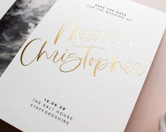Romantic Calligraphy Save The Date Card printed with Gold Foil, Modern Wedding Invitations and Save The Date