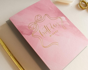 Pink Birthday Card for her, printed in gold foil with elegant bow design