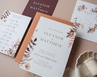 Boho Wedding Invitation Suite and Save the Date Sample – Autumn Floral Wedding Stationery with RSVP & Details Card