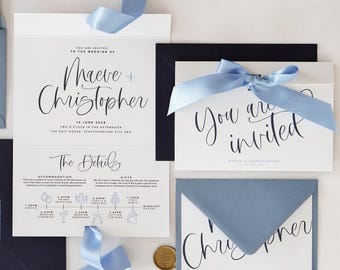 Folded Wedding Invitation with Ribbon Bow, Calligraphy wedding invitation sample