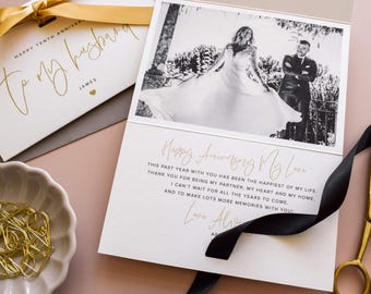 Personalised wedding anniversary card for husband or wife, luxury anniversary photo card for him