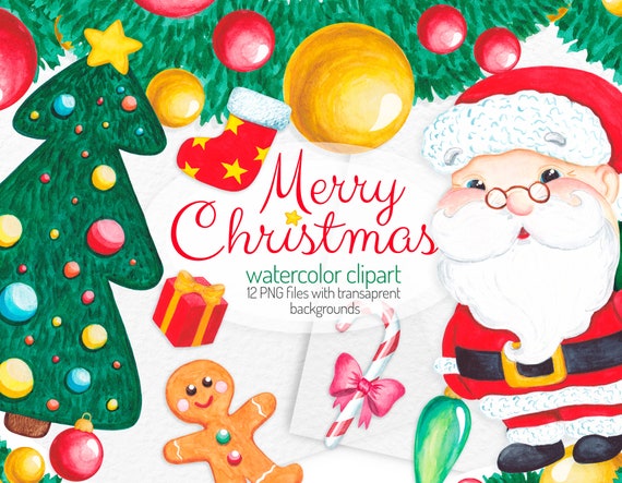 Christmas Clipart Watercolor Christmas Clip Art Santa Claus Christmas Tree Clipart Gingerbread Man Christmas Wreath Watercolor Clipart