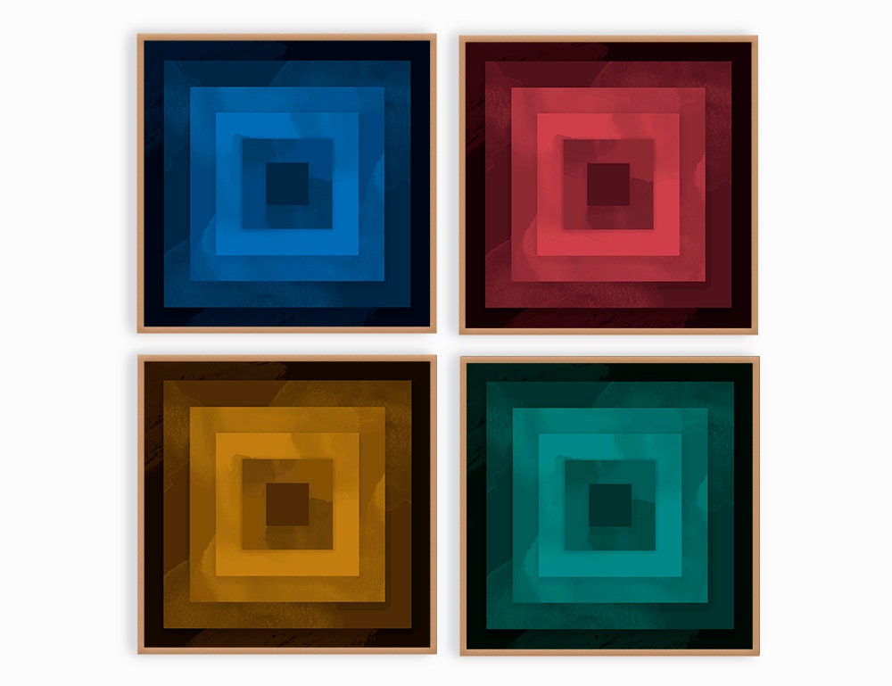 Set Of 4 Prints Abstract Print Printable Wall Art Navy Blue Emerald Mustard Yellow Burgundy Red Print Bedroom Wall Decor Downloadable Art