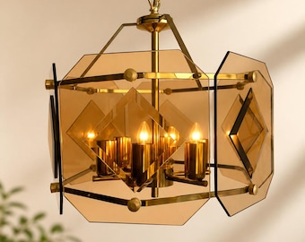 Vintage Hollywood Regency Pendant Light |Brass & Smoked Glass Chandelier |Geometric Lantern Light Fixture |Mid Century Modern Ceiling Light