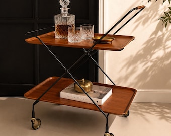Vintage Swedish Mid Century Bar Cart | Teak Serving Trolley | Scandinavian Drinks Cart | Folding Tea Trolley | Made in Sweden