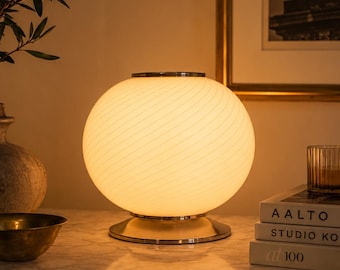 Vintage Murano Glass Globe Lamp, Italian Mid Century Table Lamp, Swirl Glass Mushroom Lamp, Space Age Lighting, Murano Italy Lamp.