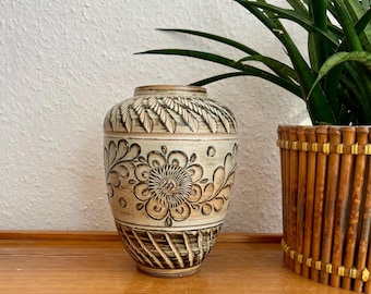 Vintage studio ceramic vase | Handmade ceramic vase | West German style | Floral relief | 1970s