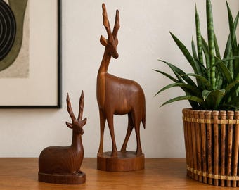 Vintage Teak Deer Sculpture Set – Mid Century Modern Hand Carved Wooden Deer Pair Scandinavian Danish Decor