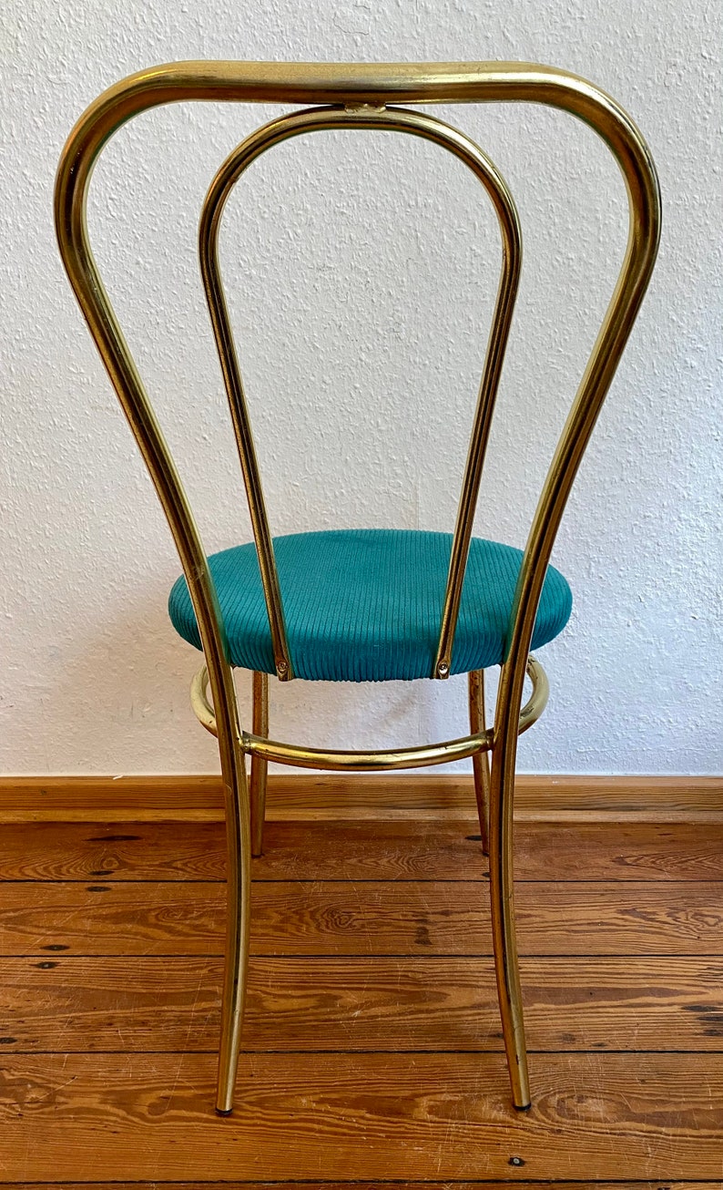 Set of 2 Golden chair and stool with a turquoise fabric cushion. image 7