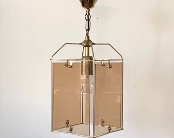 Vintage chandelier, brass ceiling lamp with glass.