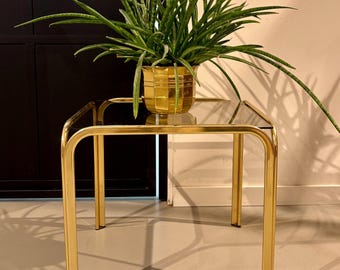 Vintage Brass Tone Side Table with Smoked Glass | Mid Century Modern End Table | 1970s Glass Accent Table.