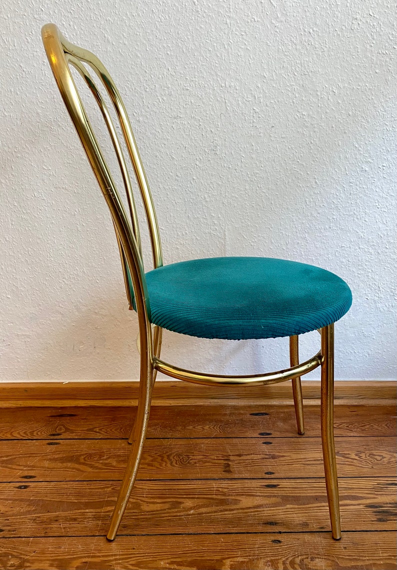 Set of 2 Golden chair and stool with a turquoise fabric cushion. image 6