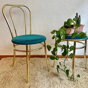 Set of 2 Golden chair and stool with a turquoise fabric cushion. image 2