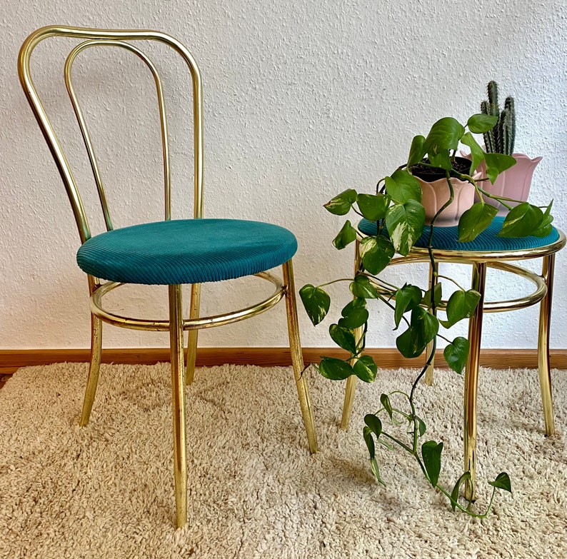 Set of 2 Golden chair and stool with a turquoise fabric cushion. image 2