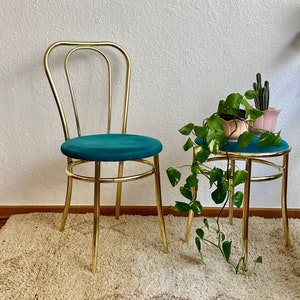 Set of 2 Golden chair and stool with a turquoise fabric cushion. image 1