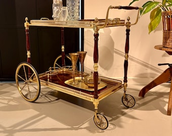 Vintage Brass & Glass Bar Cart with Removable Serving Tray | Hollywood Regency Drinks Trolley | Mid Century Cocktail Cart | Gold serving car