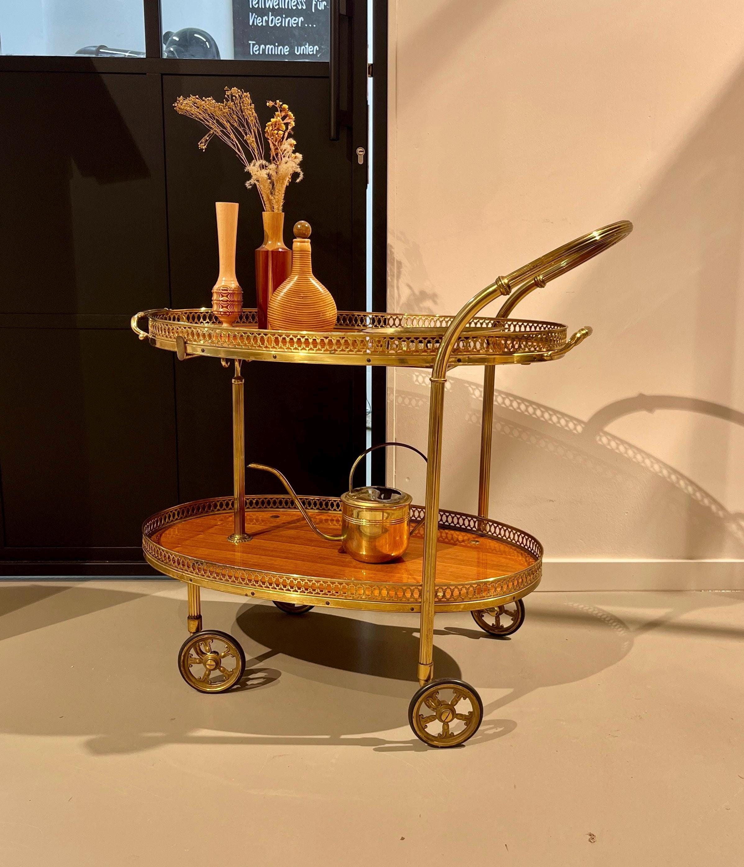 70s brass serving trolley with wooden trays.