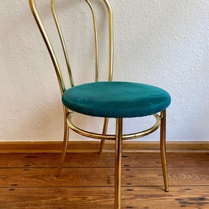 Set of 2 Golden chair and stool with a turquoise fabric cushion. image 4