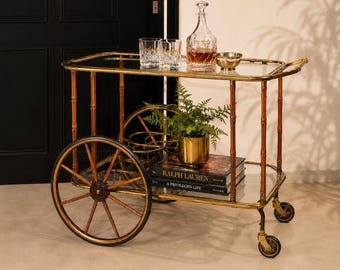 Art Deco Brass Bar Cart Vintage Drinks Trolley With Large Spoke Wheels Hollywood Regency Serving Cart French Style Beverage Trolley
