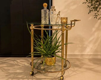 Vintage messing barwagen | Dranktrolley in Hollywood Regency-stijl | Franse serveerwagen | Ronde gouden cocktailwagen