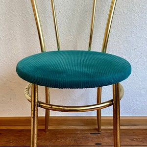 Set of 2 Golden chair and stool with a turquoise fabric cushion. image 5