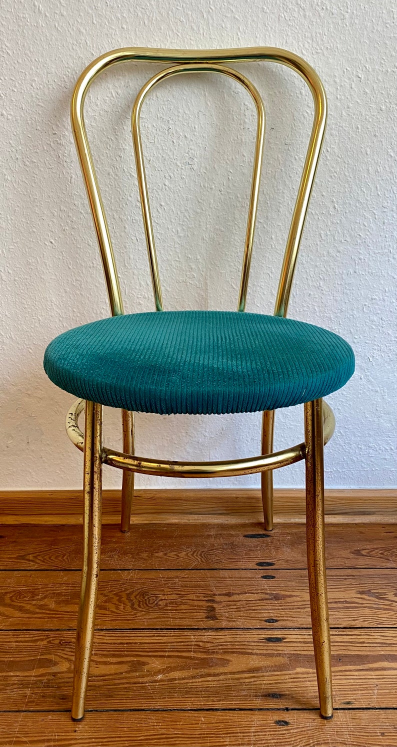 Set of 2 Golden chair and stool with a turquoise fabric cushion. image 5