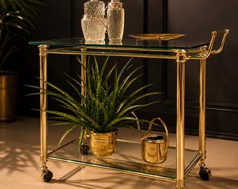 Vintage Brass Bar Cart on Casters, Hollywood Regency Drinks Trolley, Mid Century Bar Cart with Glass Shelves, Italian Style Serving Cart