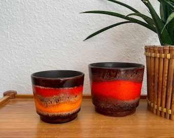 Vintage Fat Lava Plant Pot Set – West German Ceramics – 2 Ceramic Planters – 1970s – Mid-Century – Orange, Red, Brown