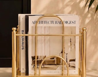 Vintage Gold Magazine Rack | Mid Century Modern Record Holder | Bauhaus Style Magazine Stand