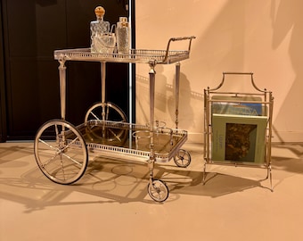 Vintage French Neoclassical Brass Bar Cart & Magazine Rack Set | Maison Jansen Style Drinks Trolley with Smoked Glass | Hollywood Regency