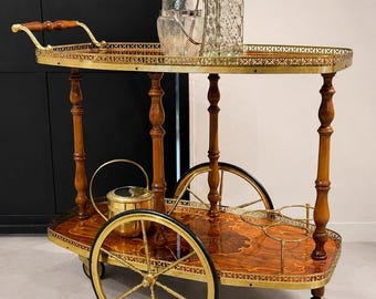 Italian Hollywood Regency Bar Cart Vintage Brass Drinks Trolley Inlaid Wood Serving Cart Mid Century Beverage Cart Tea Trolley