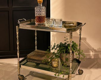 Silver Neoclassical Brass Bar Cart on Rubber Wheels, Hollywood Regency Drinks Trolley, Two Tier Glass Serving Cart, Vintage Mid Century.