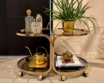 Vintage Rolling Side Tables Set, Smoked Glass Serving Tables, Brass Tone 1970s Bar Cart, Mid Century Modern Tables
