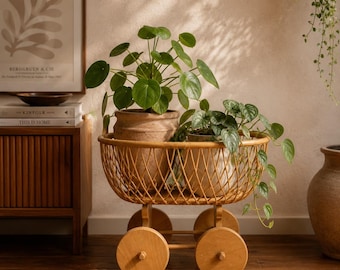 Vintage Rattan Plant Stand on Wheels | Scandinavian Wicker Planter Cart | Boho Flower Trolley | Mid Century Modern Plant Holder