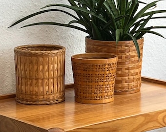 Vintage Bamboo Planter Set | 3 Handwoven Plant Baskets | Boho | Japandi | Rattan & Bamboo | 1970s