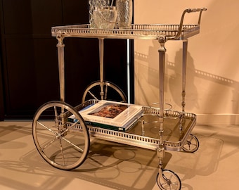Vintage Hollywood Regency Silver Plate Bar Cart | Maison Jansen Style Drinks Trolley | Smoked Glass | French Neoclassical Serving Cart