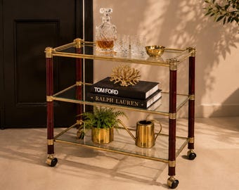 Vintage 1970s Brass Bar Cart with Three Glass Shelves and Wooden Supports | Mid Century Drinks Trolley on Casters