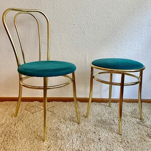 Set of 2 Golden chair and stool with a turquoise fabric cushion. image 3