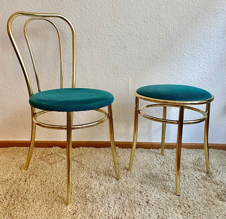 Set of 2 Golden chair and stool with a turquoise fabric cushion. image 3